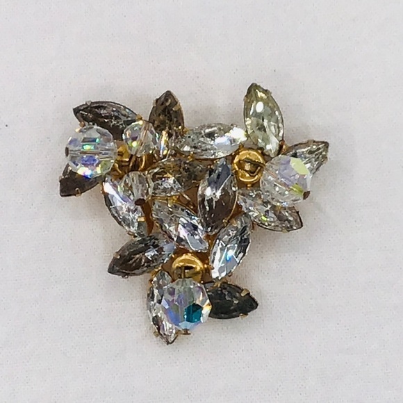VINTAGE Brooch AB Clear Faceted Glass Rhinestones Triangle Shape Pin Beads - Picture 1 of 8